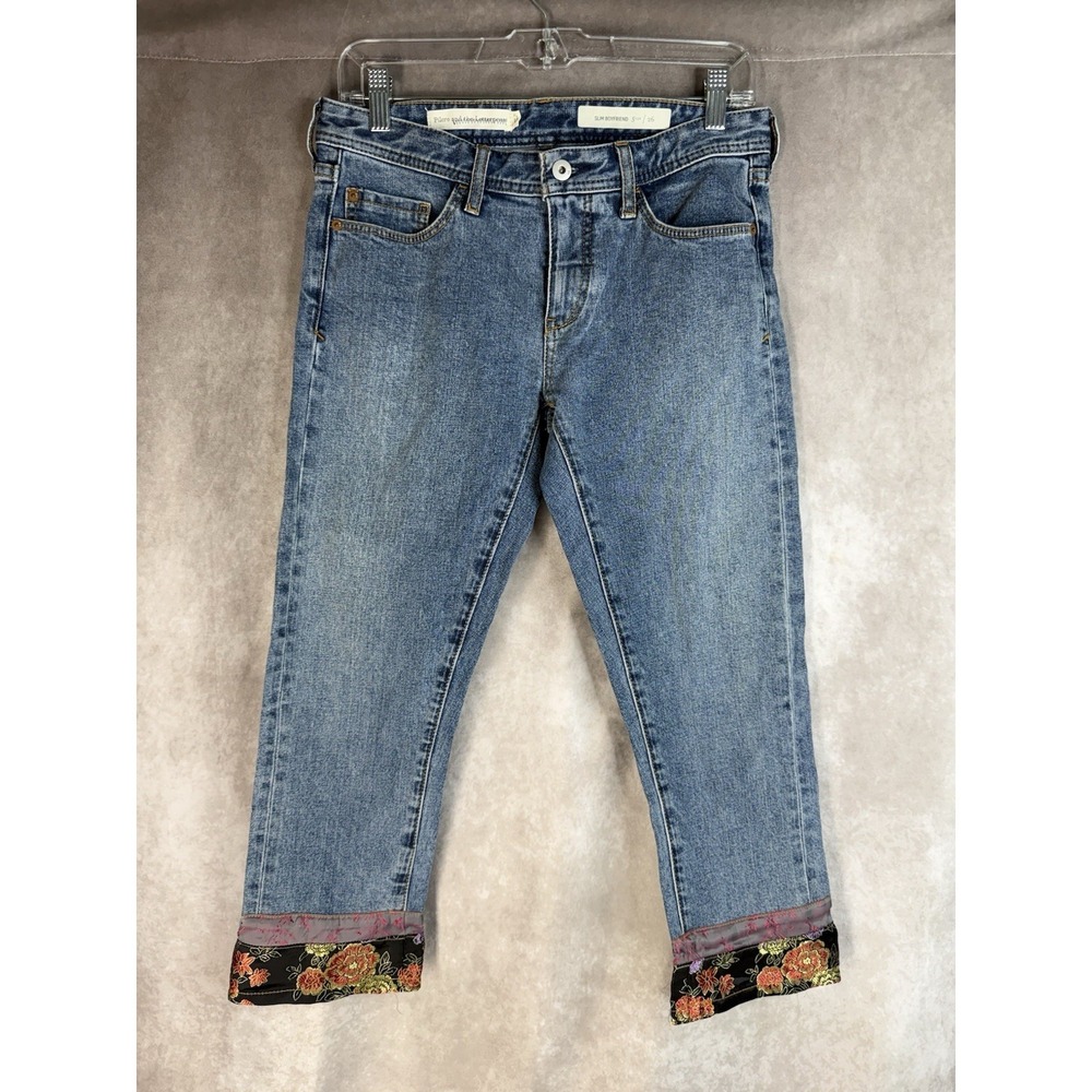 Pilcro x Anthropologie Cropped Slim Boyfriend Floral Satin Cuff Hem Jeans Sz 26